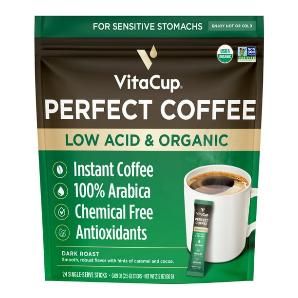 VitaCup Perfect Low Acid Coffee, Dark Roast Instant Coffee Packets 24