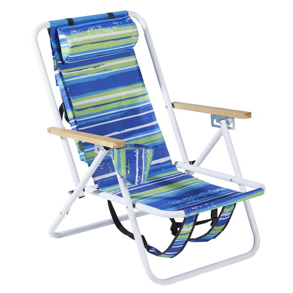 Folding Beach Chair with 4 Recline Positions, Camping Chair Backpack Straps, Wooden Armrests & Cup Holder, 265lb Capacity