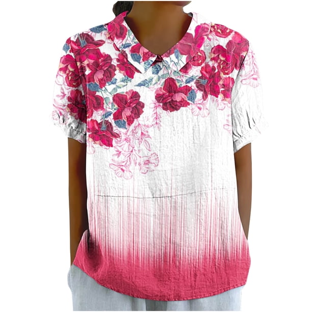 Blusas de Manga Corta para las Mujeres Cuello de Muñeca Lindo Lino Algodón, Impreso Suelto Camiseta para el Uso Casual, Diario Y de Verano