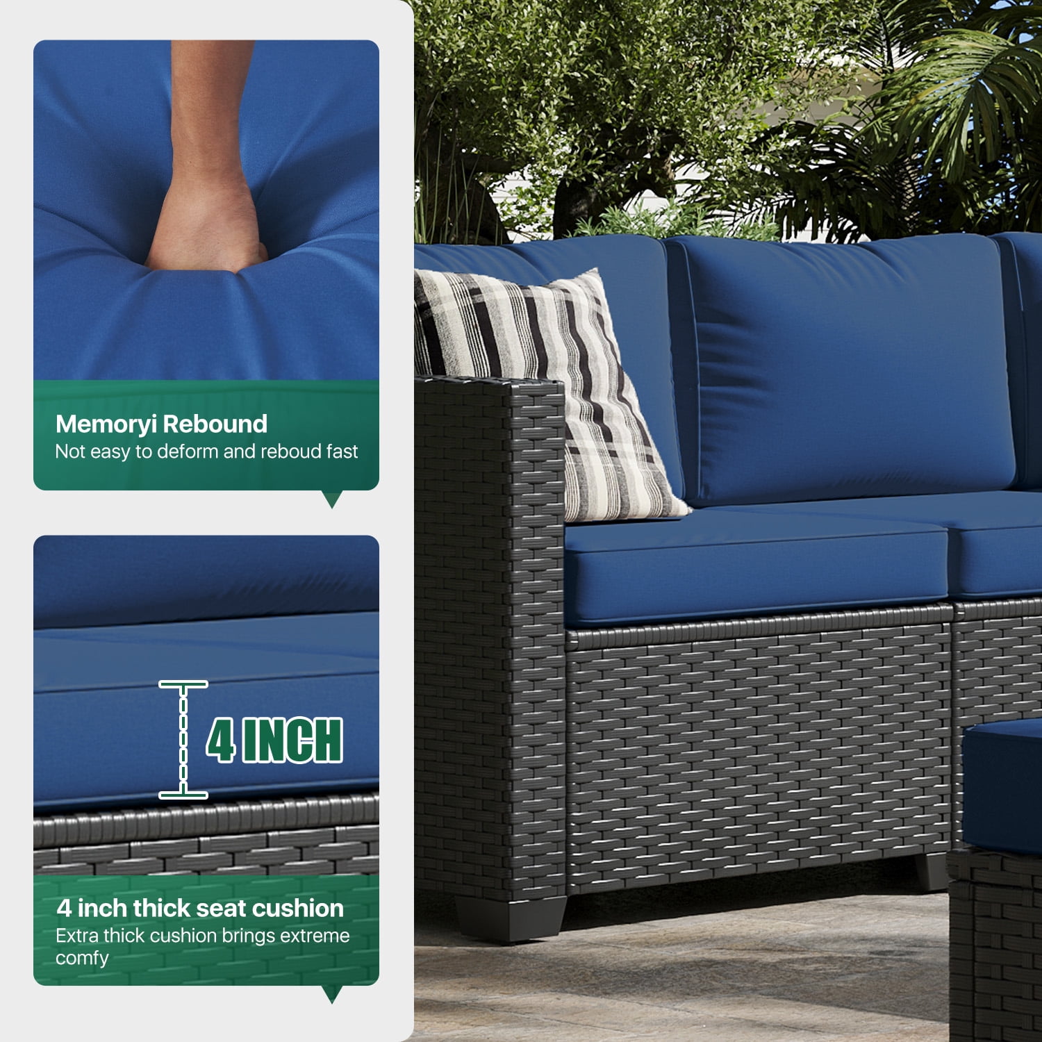 ClouddWell 6 Piece Outdoor Wicker Patio Furniture Set, Rattan Sectional Sofa Sets with Navy Blue Cushions