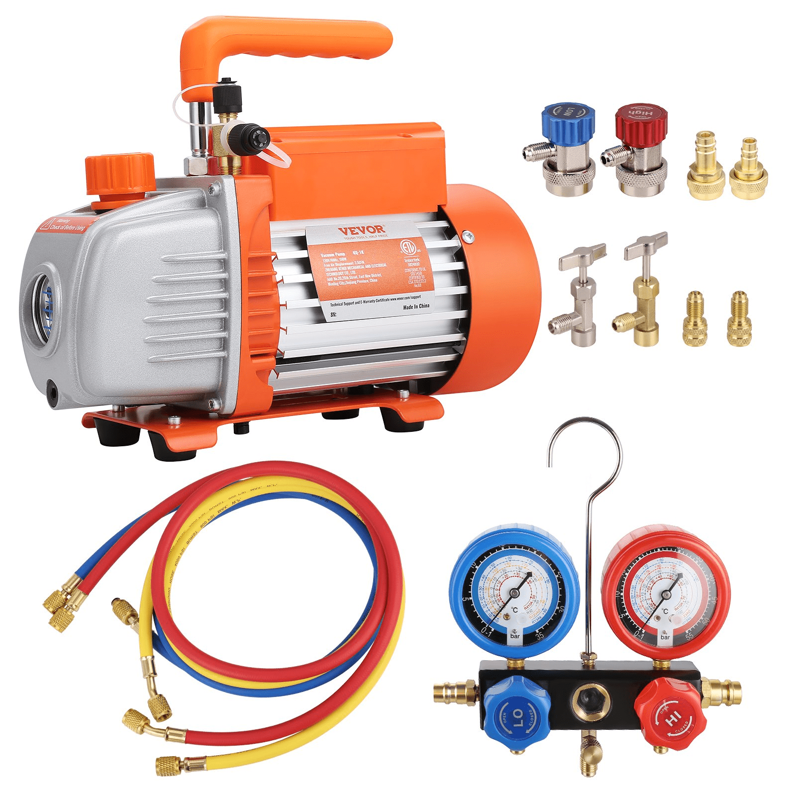 Vevor K35CFM150WA2L21TAV1 0.2 HP 3.5 CFM AC Vacuum Pump & Gauge Set, Single Stage Rotary Vane HVAC Air Vacuum Pump AC Refrigerant Kit Manifold Gauge Set
