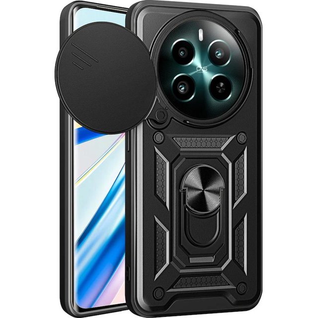 Shunjia Slide Window Kickstand Case for Realme 12 Plus - Anti-Shock Protective Cover with Push-Open Design, Black Shockproof Phone Shell Compatible with Realme12+