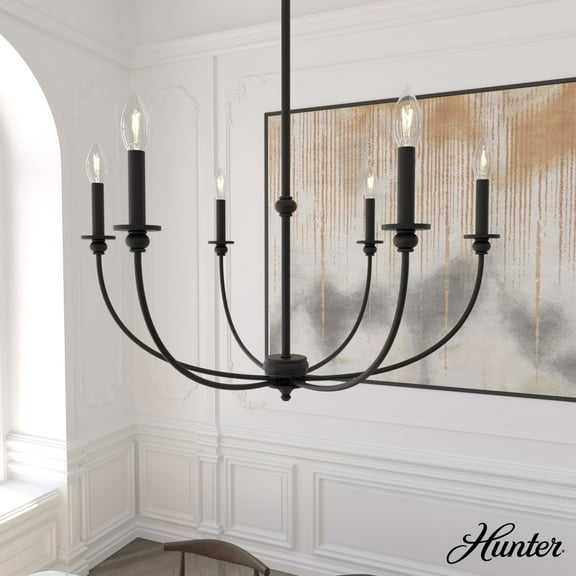 Hunter - Southcrest 6-light Matte Black, Large Chandelier, Dimmable, Casual Style, Candle Shaped, for Bedrooms, Dining, Living Rooms - 19634