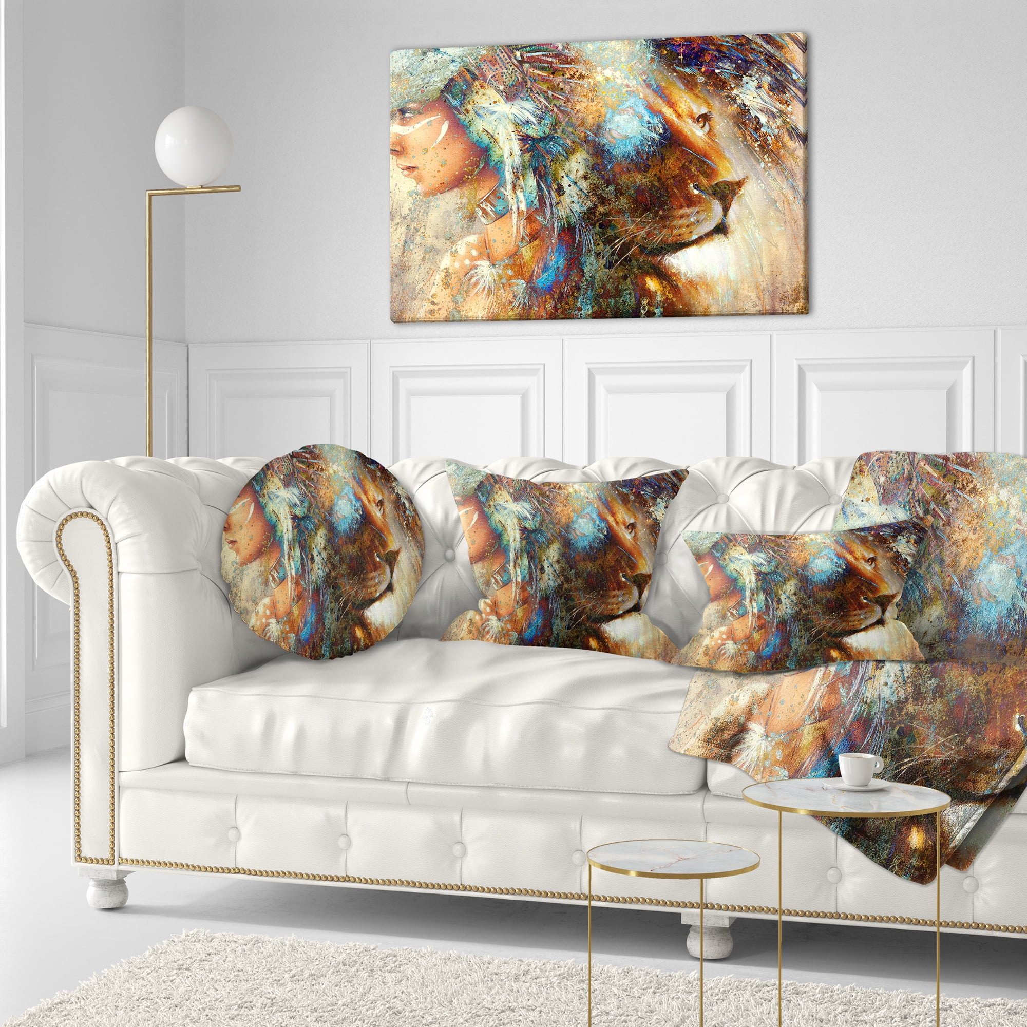 Designart Indian Woman Collage with Lion - Indian Throw Pillow - 12x20