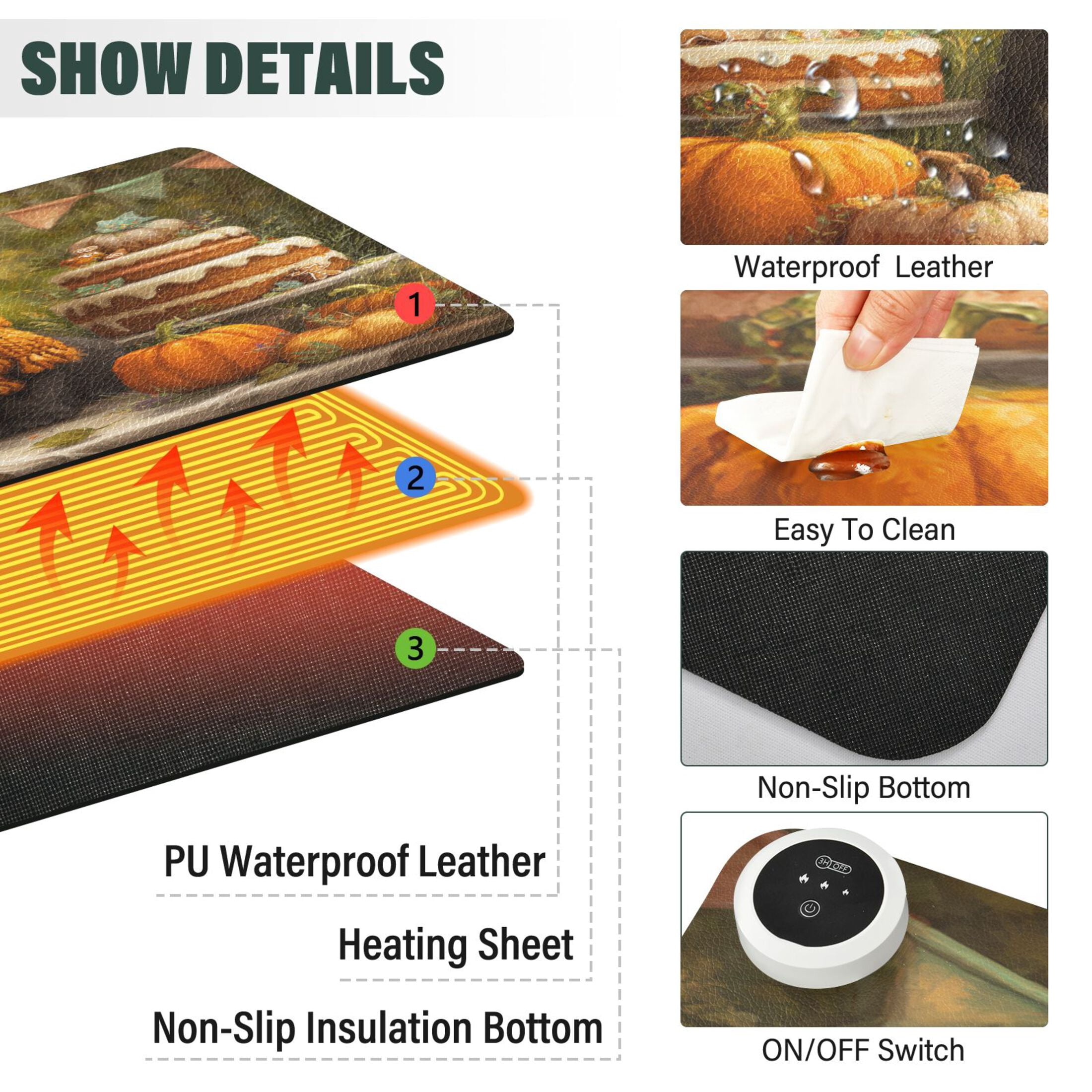 Large Heated Desk Mat Mouse Pad 31.5"x13"PU Leather Graphene Heating Desk Warmer with 3 Temperature Settings 110V US Plug Non-Slip Warm Pad for Home, Office, and Gaming Black Cat Halloween Party
