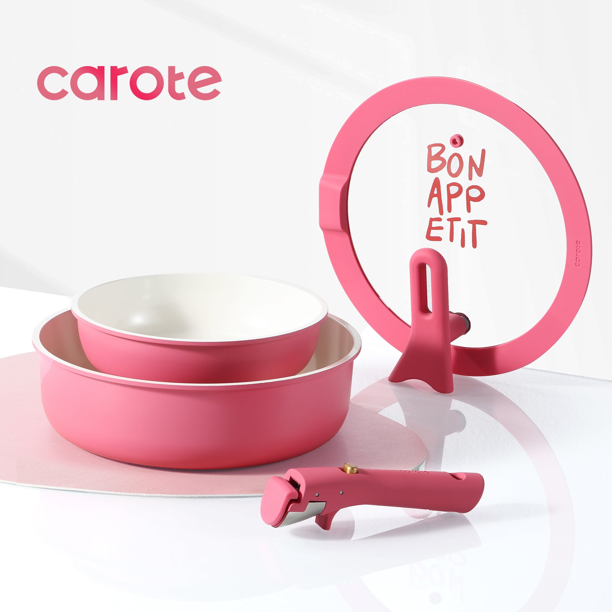 Carote 6 Pcs Ceramic Nonstick Pot and Pan Set, Nonstick Cookware Set with Lid & Detachable Handle, Oven Safe, Induction Ready, Stackable, Rose Pink