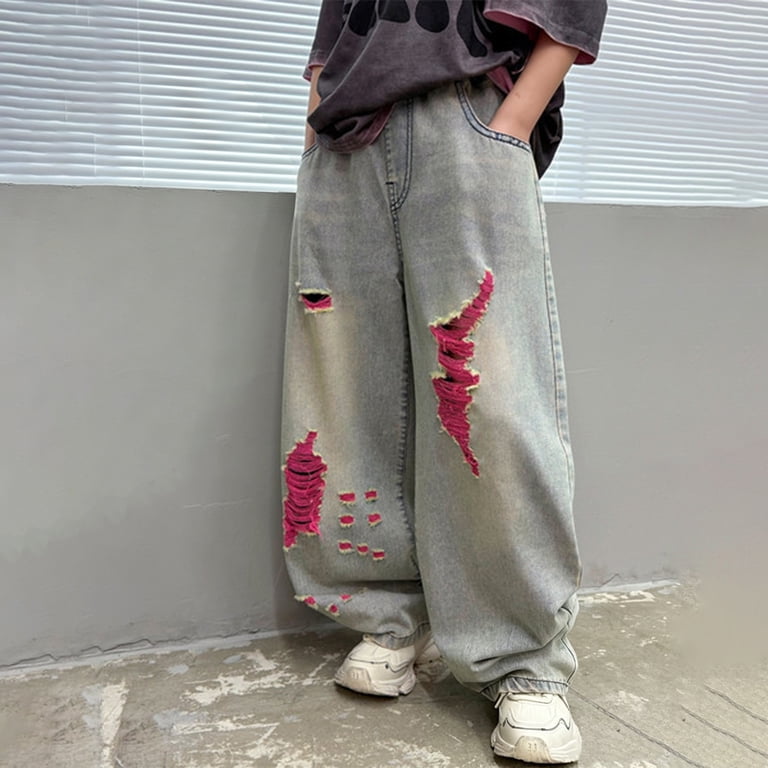UACY Boys Baggy Cargo Jeans Teens Ripped Denim Pants Kids Elastic 