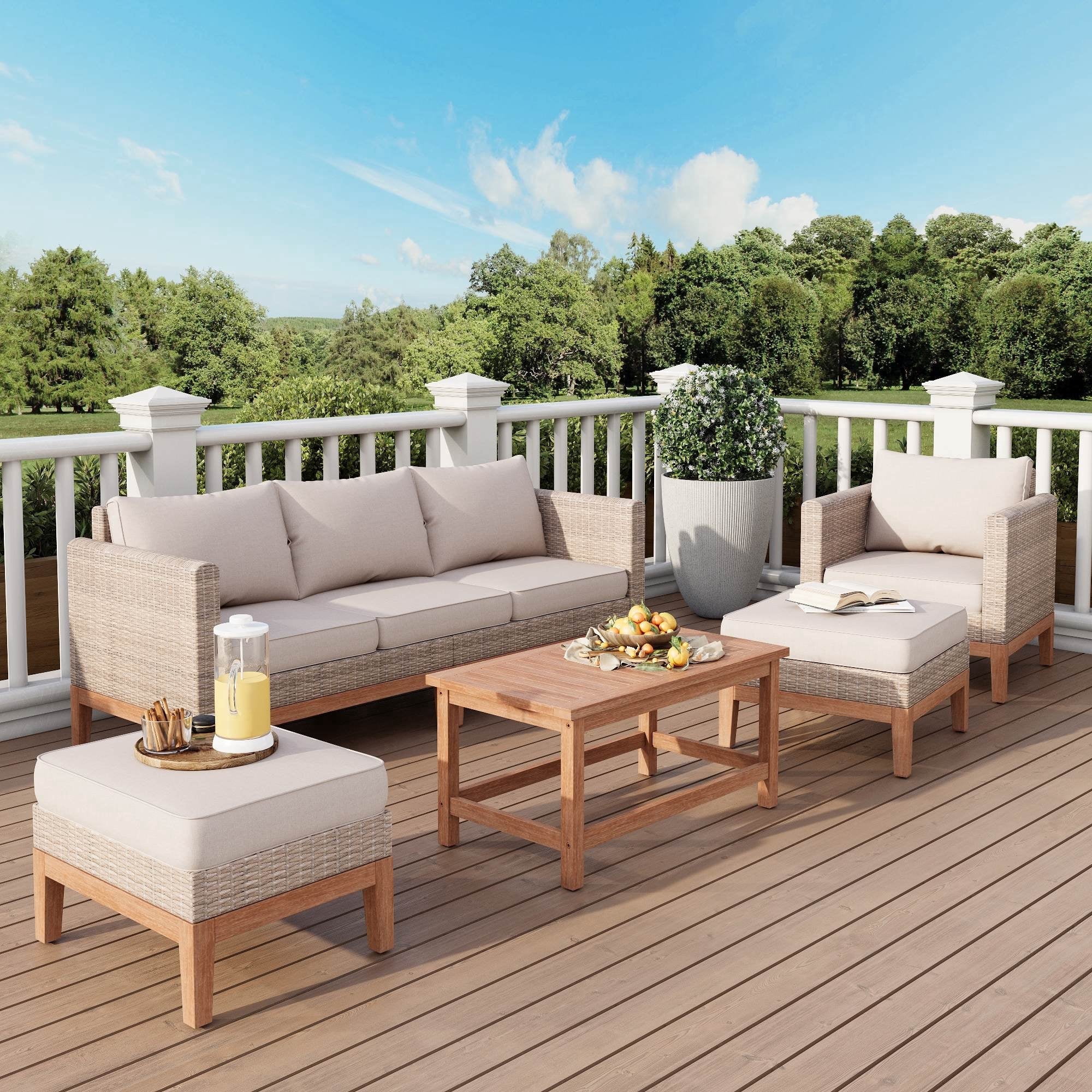 Summit L 5 Pieces Outdoor Patio Conversation Set Wicker Furniture Sectional Sofa Set with Solid Acacia Wood Frame Beige