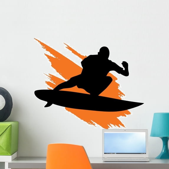Surfing Silhouette with Orange Wall Decal Sticker, Wallmonkeys Peel & Stick Vinyl Graphic (24 in W x 17 in H)