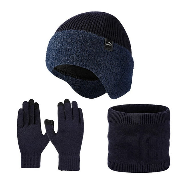MIASHUI Men's Autumn Winter Knit Yarn Neck Scarf Gloves Three-Piece Set Warm Outdoor Riding Scarf, Scarf for Men Navy