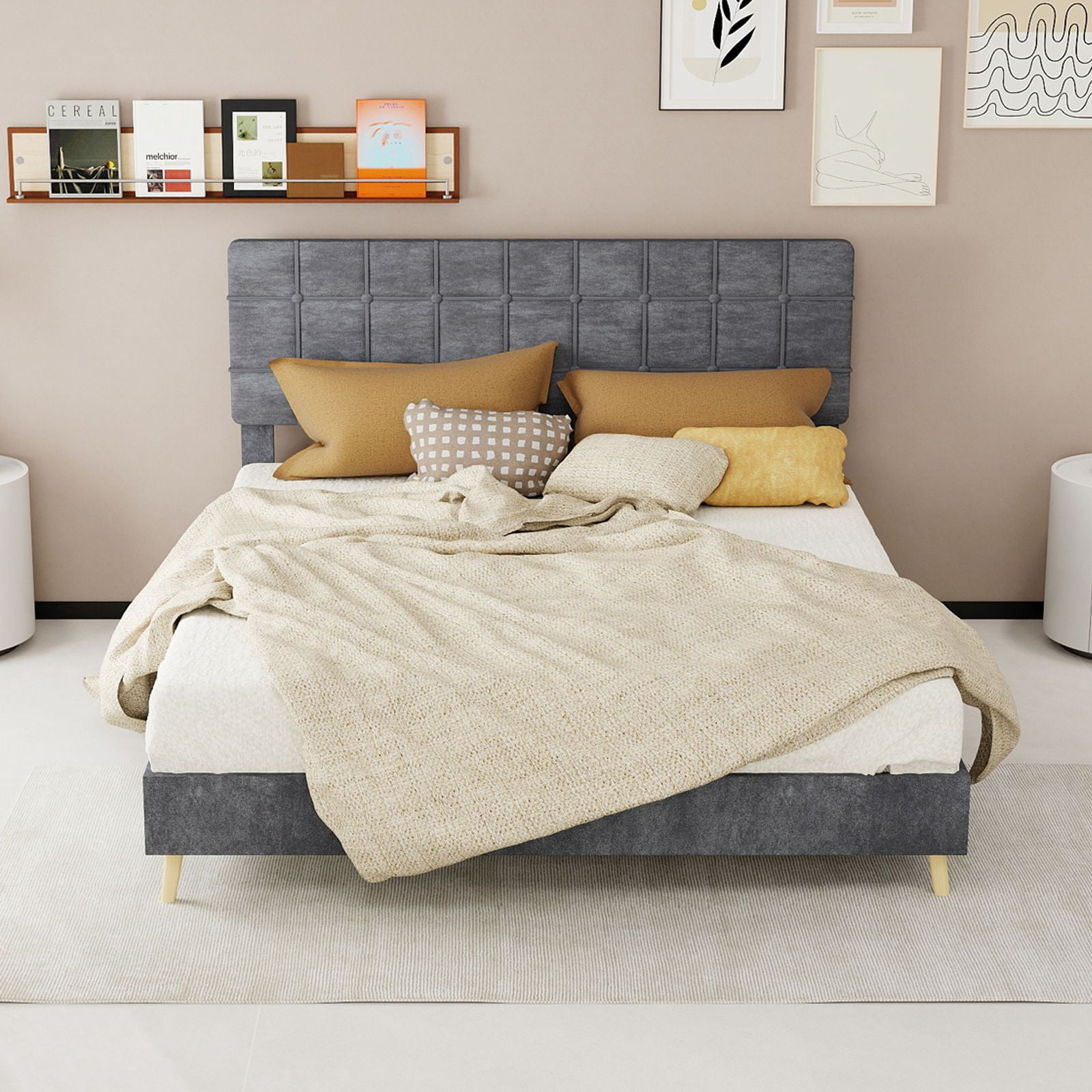 Alvantor Queen Size Upholstered Bed Frame with Padded Headboard Gray