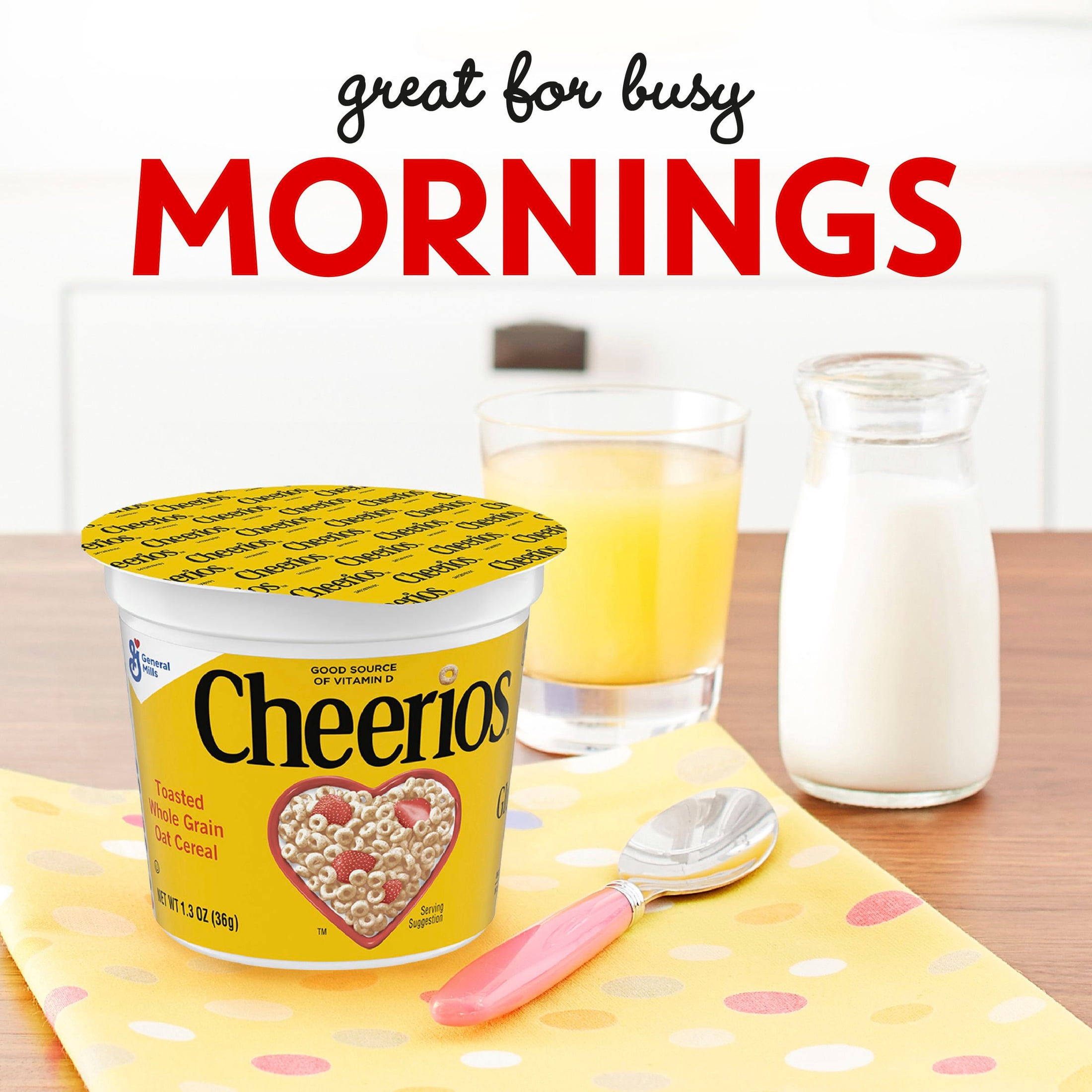 (4 pack) Cheerios Breakfast Cereal Cup, Gluten Free, Single Serve Cereal, 1.3 oz