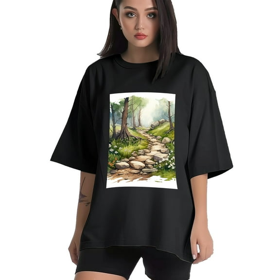Plus Size Shirt for Women Black Tops for Women Short Sleeves Shirt for Women Nature Path1 T Shirt Crewneck Shirt for Women XS