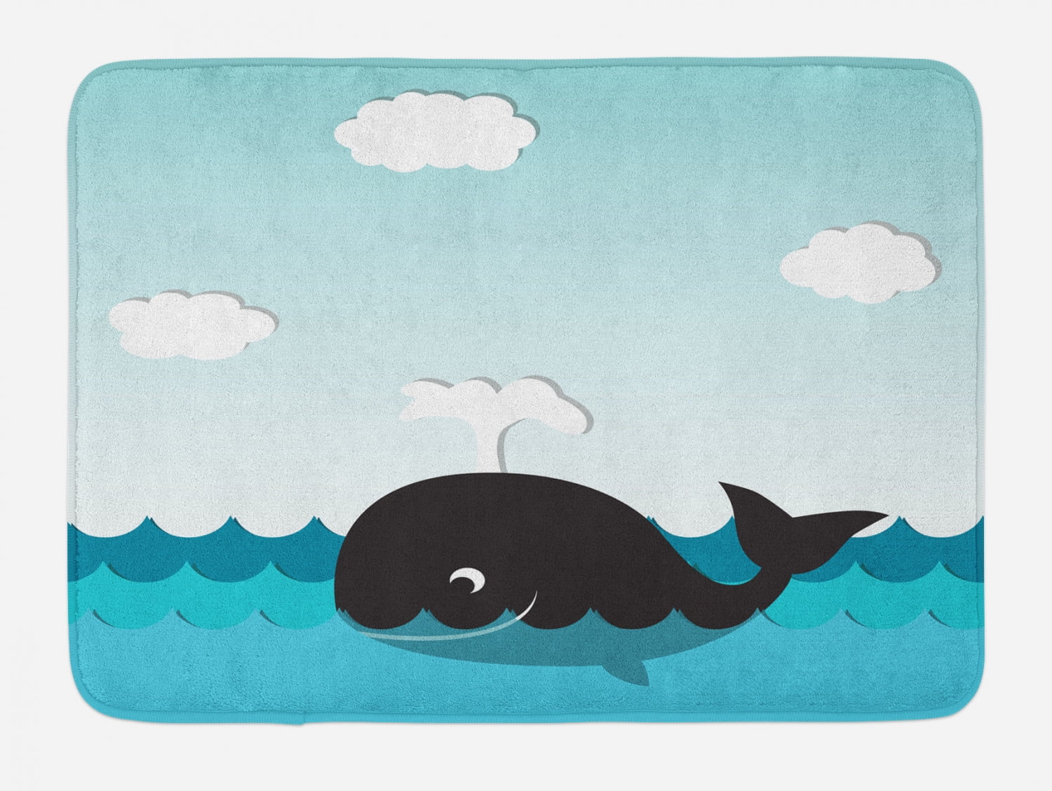 Whale Bath Mat, Cute Smiling Happy Black Whale Swimming in the Wavy