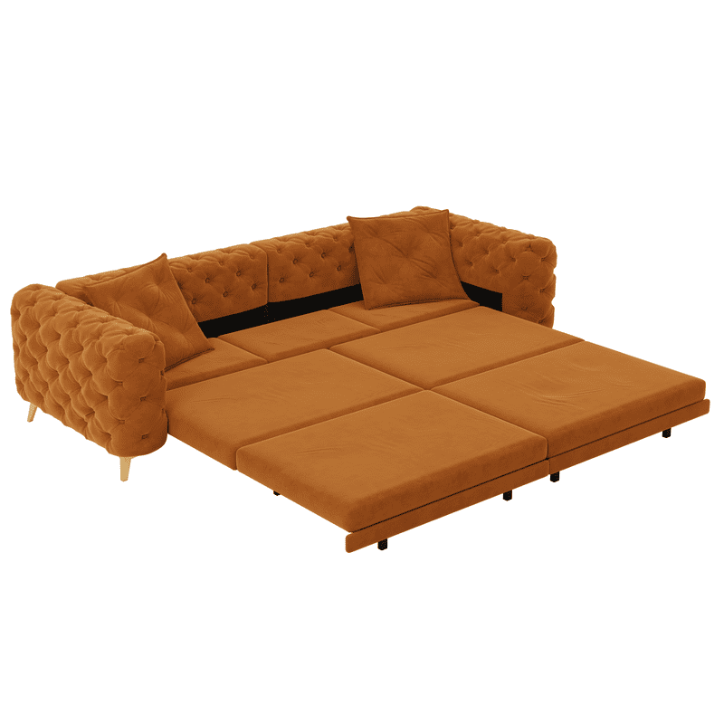 3-in-1 Convertible Sleeper Sofa Bed, 97.7'' 4-Seater Velvet Couch with Pull Out Bed & Movable Ottoman, Deep Seat Tufted Futon for Living Room, Apartment & Office