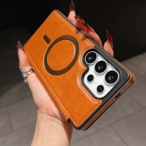 For Samsung Galaxy S25 Edge Magnetic Phone Case,Compatible with Mag-safe,Built-in RFID Blocking Card Slots,Premium PU Leather Flip Shockproof Anti-fall Rugged Thin Fit Phone Case,Brown