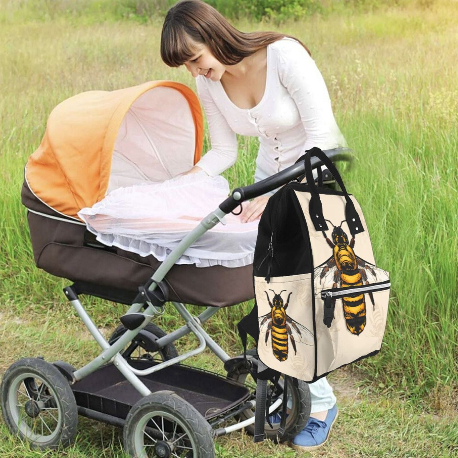 Fuzoiu Honey Bee Print Diaper Bag Backpack,Baby Essentials Travel Tote,Multi function Waterproof Diaper Bag, Travel Essentials Baby Bag - Unisex