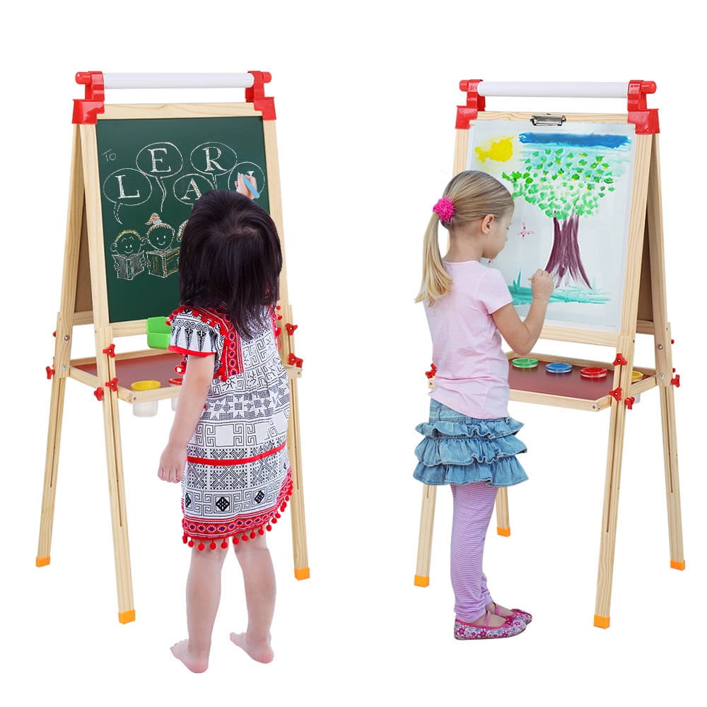 Kids Easel Double-Sided Whiteboard & Chalkboard Adjustable Easel for Kids Standing Easel with Art Supplies Accessories for Kids Toddlers Boys and Girls 