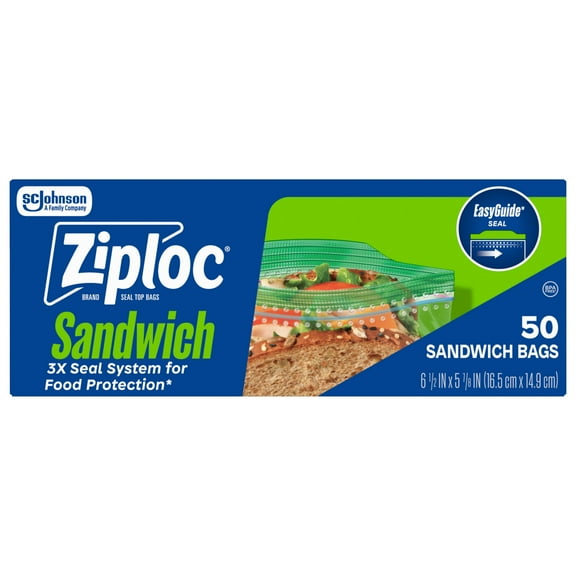 Ziploc® Brand Sandwich Bags with EasyGuide™ Texture, Grip 'n Seal Technology™, 50 Count