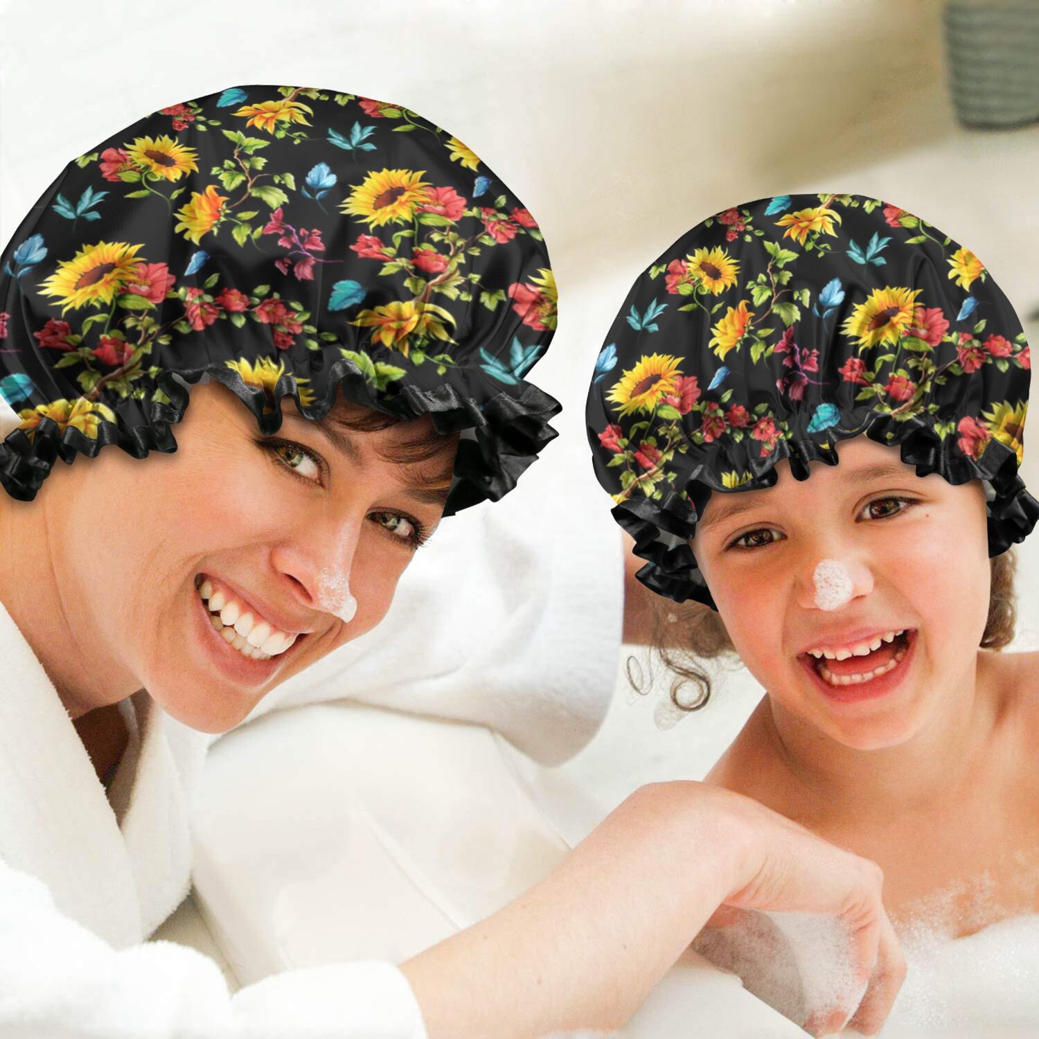 Shower Caps,Black Colorful Flower Sunflower Pattern Waterproof Shower Cap for Women 4 Pieces,Double Reusable Hair Cover for Shower PEVA Elastic Stretch Hem