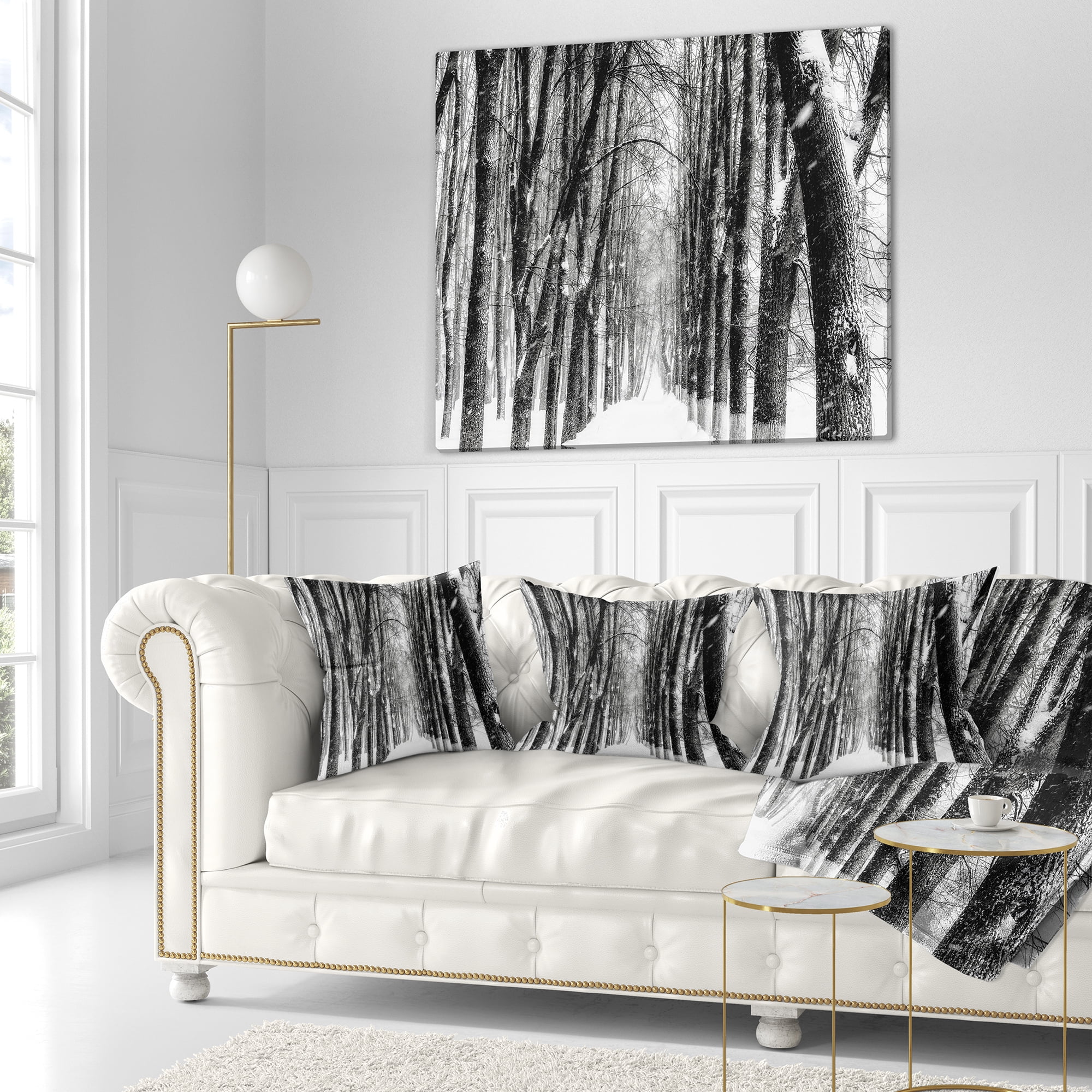 Designart Snowy Forest Black and White - Modern Forest Throw Pillow - 18x18
