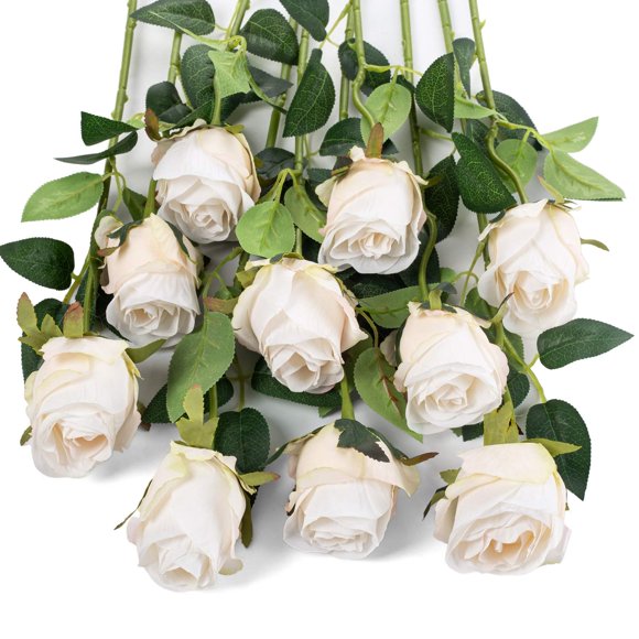 Flojery 10Pcs Artificial Rose Flowers Long Stem Fake Silk Roses For Diy Wedding Bouquet Table Centerpiece Home Decor (White)