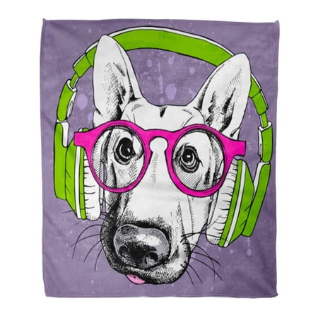 SIDONKU Throw Blanket Warm Cozy Print Flannel Portrait of Dog German Shepherd in Pink Glasses and Green Headphones on Violet Comfortable Soft for Bed Sofa and Couch 50x60 Inches