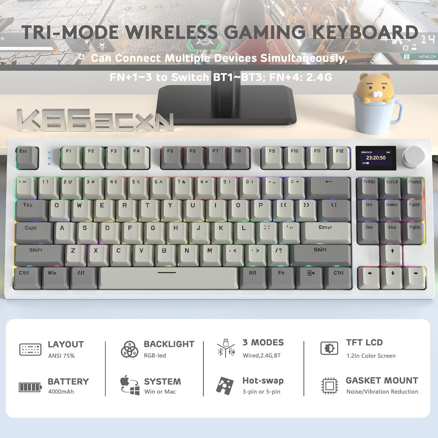 ATTACK SHARK K86 RGB 75% Wireless Gasket Mechanical Keyboard,82 Keys Hot Swappable,4000mAH Battery/CNC Knob & 1.2''HD OLED Digital Display,Custom Linear Switches& Detachable Coiled Cable- Gray