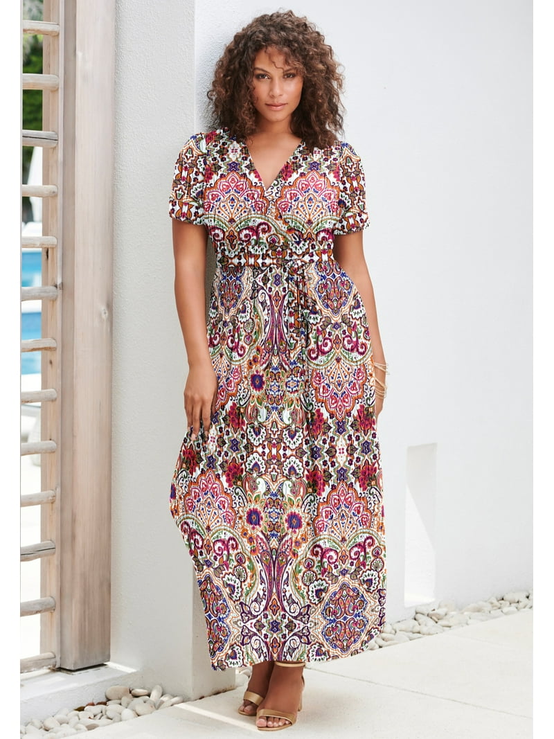 Roaman's Women's Plus Size Petite Wrap Maxi Crinkle Dress