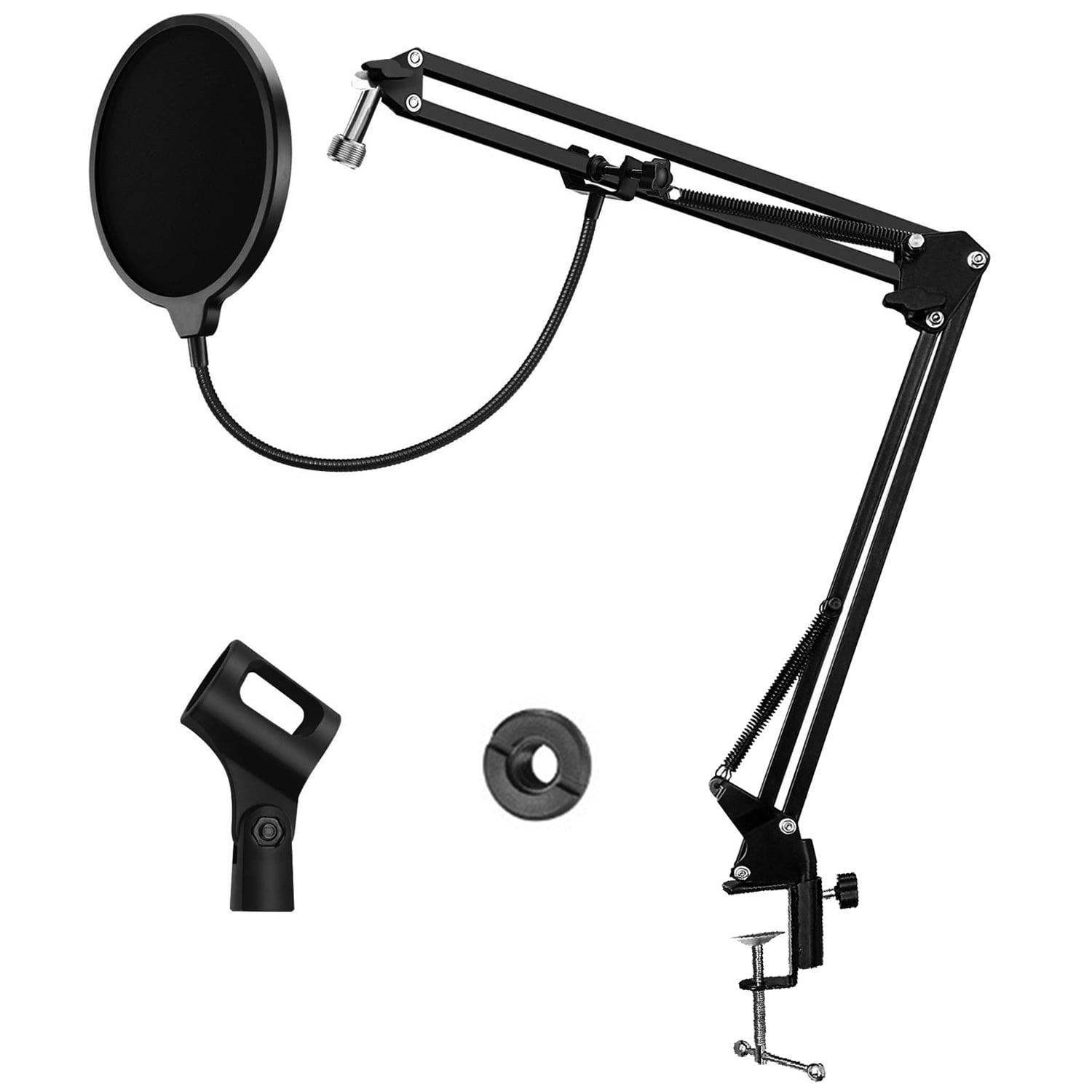 Boytone Bundle Adjustable Microphone Arm Suspension Boom Scissor Arm Stand, Plus Upgraded Microphone Pop Filter Mask Shield, Double Layered, with 3/8" to 5/8" Screw Adapter