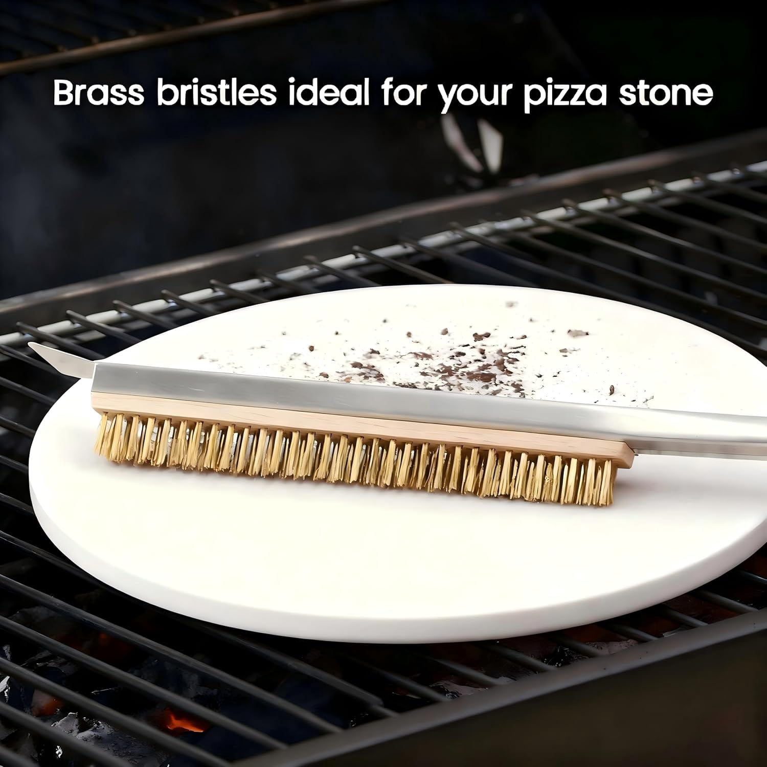 RVKXHD 26” Pizza Oven Brush with Scraper - Heat Resistant Brass Bristles, Extra Long Handle - Compatible with Ooni Ovens, Outdoor Ovens, BBQ Tools, Baking Stones and Griddles- Includes Spare Head