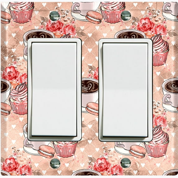 Metal Light Switch Wall Plate Outlet Cover (Coffee Mocha Espresso Heart Cupcake Macaron Flower Bouquet Pink - Double Rocker)
