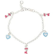 Sterling Silver Blue Heart and Pink Key Enamel Charm Bracelet, 6