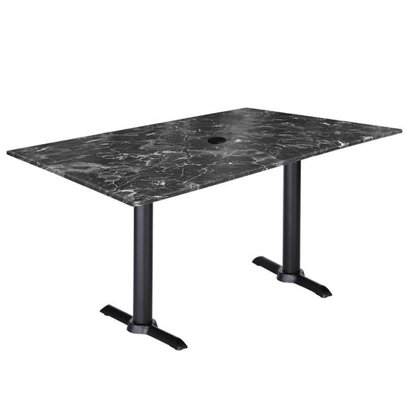 Two Indoor/Outdoor 30" Tall OD211EB Black Table Bases with a 22" Foot and a 30" x 48" Indoor/Outdoor Black Marble Top with Umbrella Hole by the Holland Bar Stool Co.