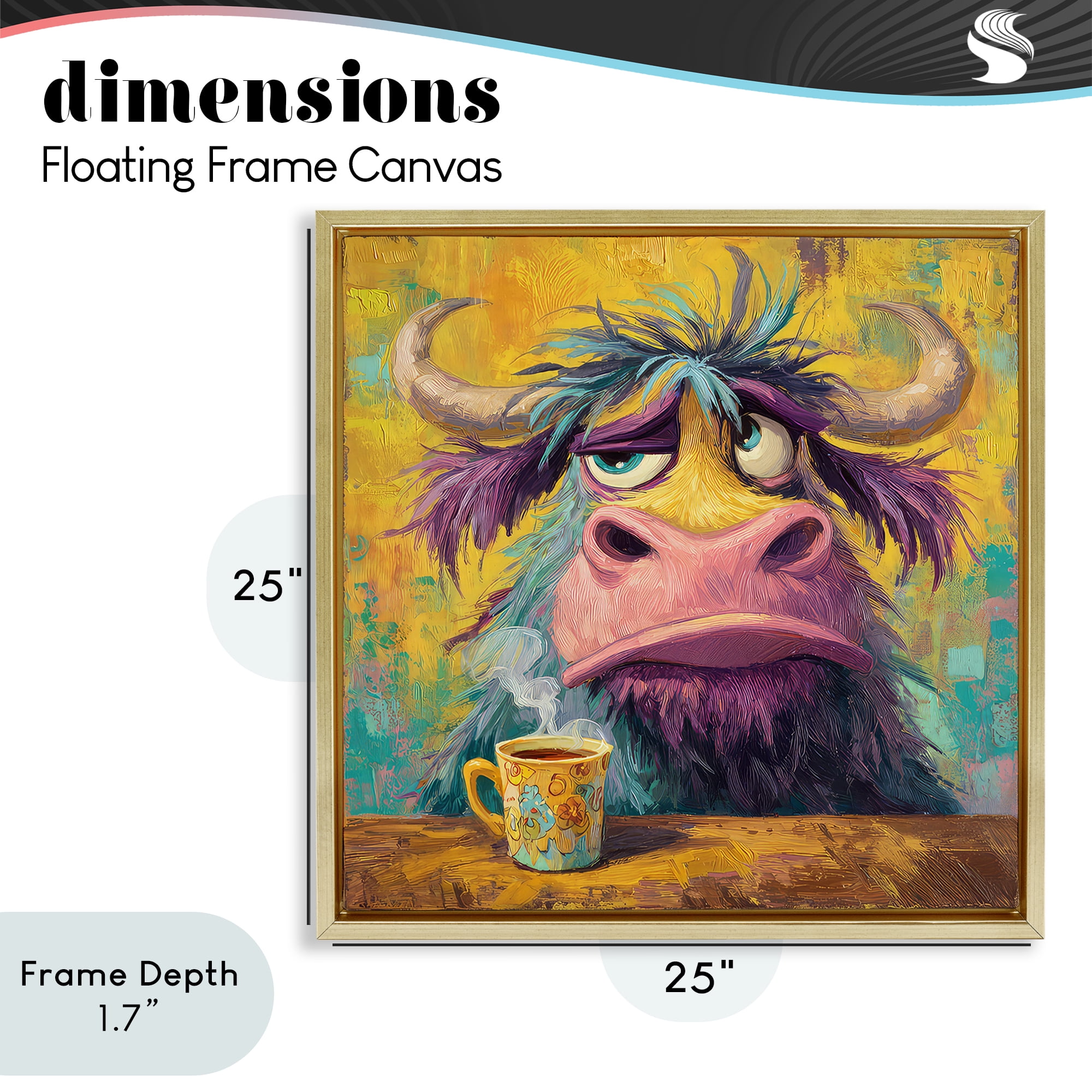 Stupell Industries Grumpy Cow & Mug Gold Framed Floater Canvas Wall Art, design by The Wands Want