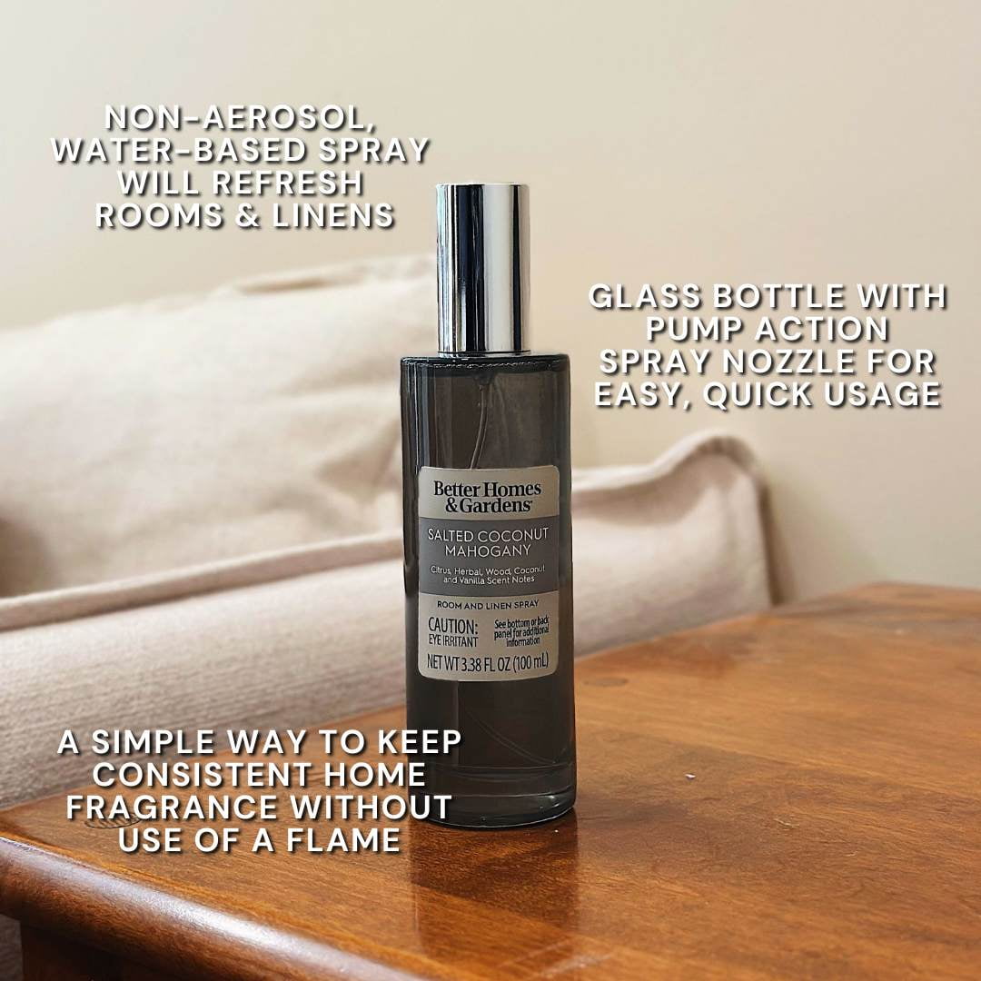 Better Homes and Gardens Salted Coconut and Mahogany Scented Room and Linen Spray 3.38 Fl Oz (100mL).