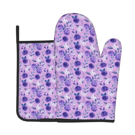 

Zeuib Violet Print Oven Mitt & Pot Holder Set 2-Pack Kitchen Gloves and Hot Pads for Cooking BBQ Grilling Baking
