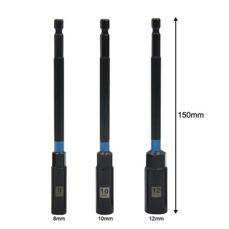 yaaqii 3PC 150mm Hex Nut Driver Drill Bit Adapter Socket Wrench Extension Sleeve 8-12mm