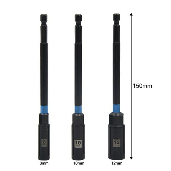 yaaqii 3PC 150mm Hex Nut Driver Drill Bit Adapter Socket Wrench Extension Sleeve 8-12mm