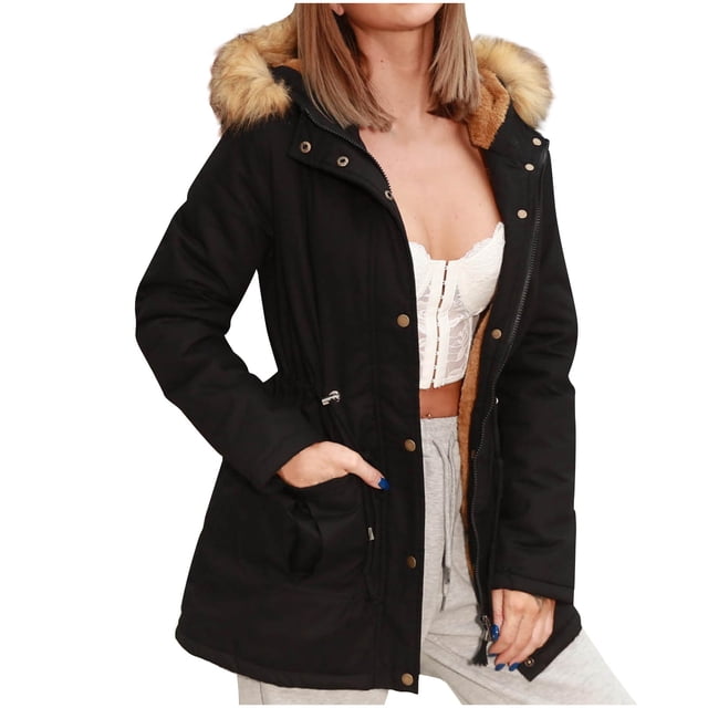 FAIWAD Women's Winter Hooded Puffer Jacket Mid Length Warm Plus Size Zip Adjustable Drawstring Down Jacket