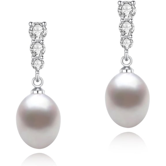 Pearl Drop Earrings, Saltwater Cultured Pearl, 925 Sterling Silver Dangle Earrings with Cubic Zirconia Diamonds, White Gold Plated Jewelry Gifts for Women[q562]