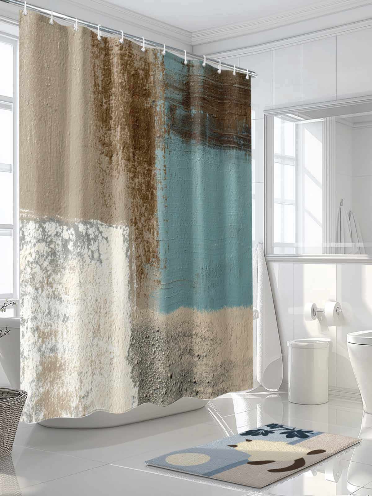 Abstract Mottled Shower Curtain Set ，Waterproof Fabric Shower Curtains Brown Teal Vintage Oil Painting Texture Shower Curtains for Bathroom,Bathroom Decor 60"x72"
