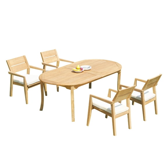 Grade-A Teak Dining Set: 4 Seater 5 Pc: 118" Oval Table And 4 Vellore Stacking Arm Chairs Outdoor Patio WholesaleTeak #51VL2605