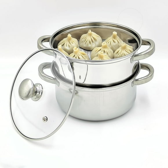Stainless Steel 2 Tier Momos Steamer Set With Glass Lid & Handles - Silver, 20cm, 4.5 Liters | Gas & Induction Base - Multi Purpose Pasta Steamer, Idli Maker & Steamer - Durable Steamer
