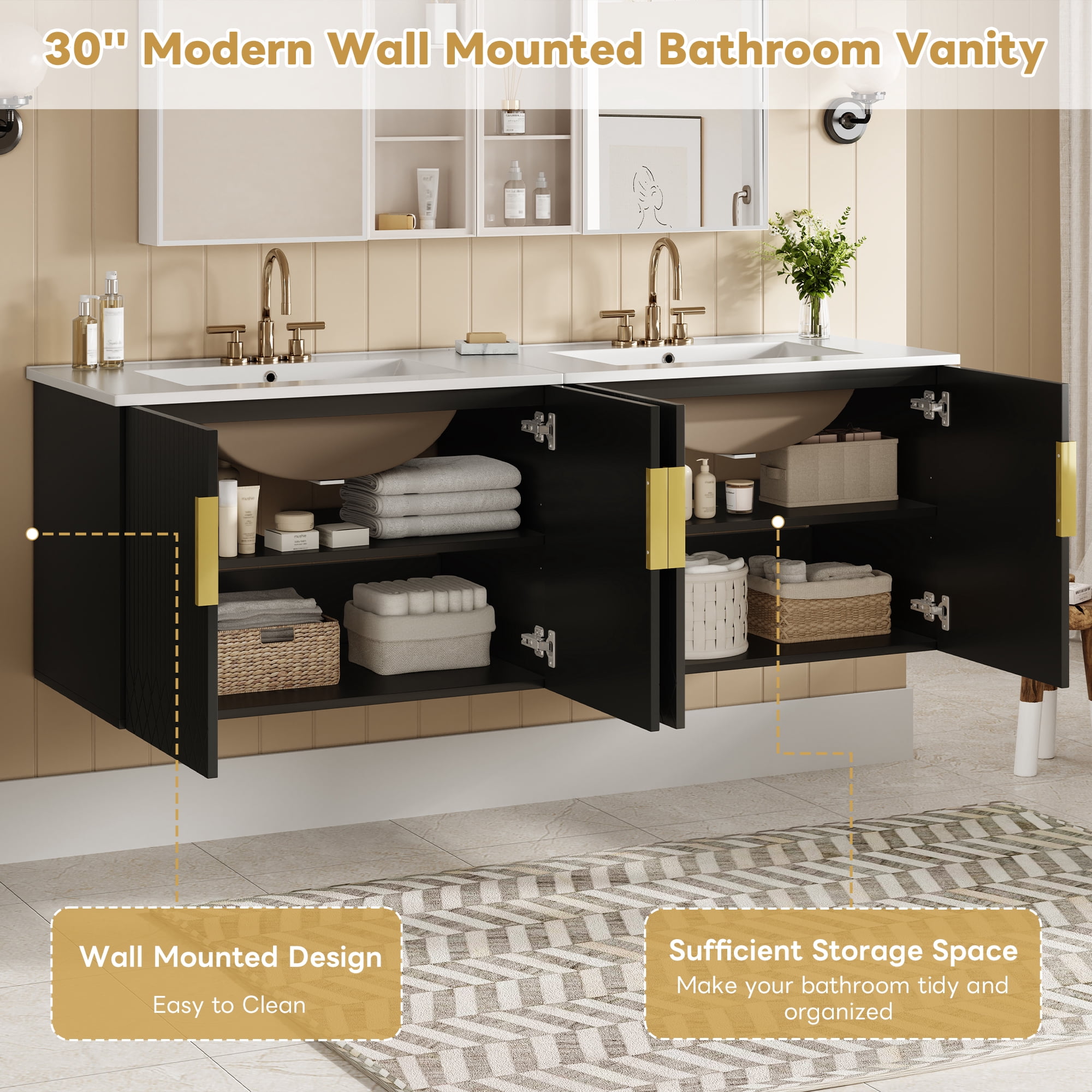 Euroco 60" Vintage Bathroom Vanity with Ceramic Sink, with 3 Holes Single Ceramic Sink, Bathroom Storage Vanity Cabinet with 2 Soft Closing Doors
