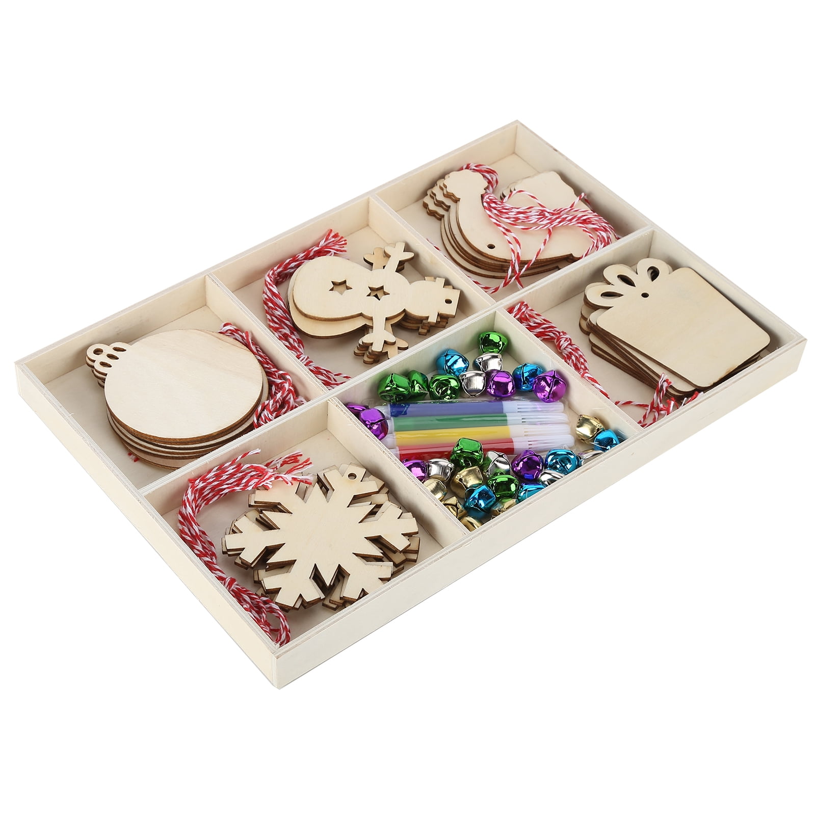 YAHHU Unfinished Wood Christmas Tree Ornaments DIY Craft Kit Wooden Slices Hanging Pendants with Bells Ropes Color Pens for Holiday Home Decoration (12.2 inches / 31 cm)
