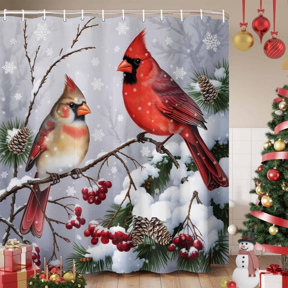Christmas Cardinal Shower Curtain, Winter Farmhouse Red Bird Berry Needle Waterproof Fabric Shower Curtains with 12 Hooks, Bathroom Curtain Set for Bathroom Accessories Decor, 72 x 78 Inches