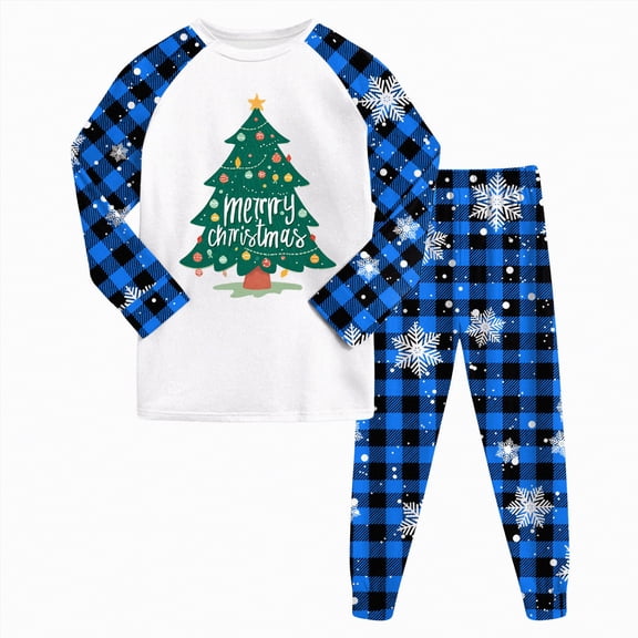 enyan Christmas Clothes for Ki'ds Christmas Pajamas for Family Long Sleeve Cartoon Plaid Pants Set Winter Sleepwear Sky Blue,2-3 Years