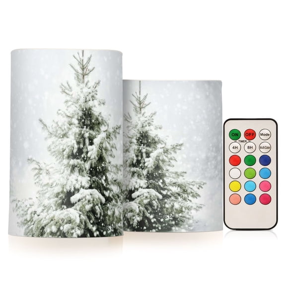 Winter Snowy Pine Tree Flickering Flameless Candles Battery Operated with Remote Timer LED Pillar Candles Set of 2