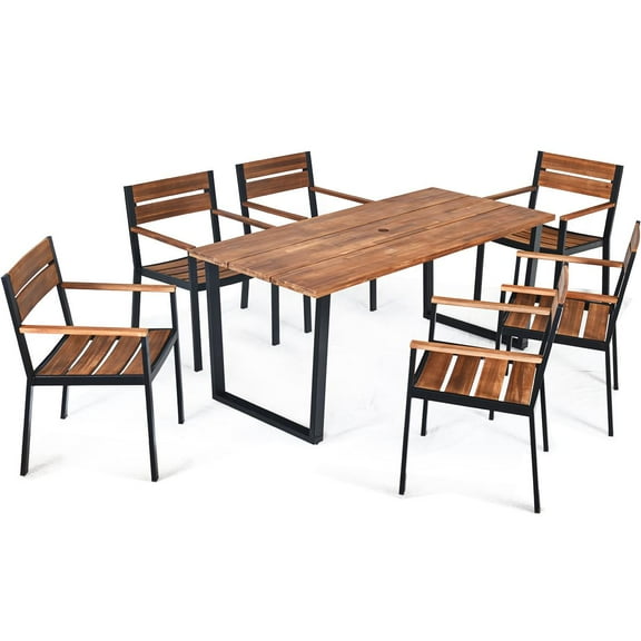 Giantex Patented 7 Piece Patented Outdoor Patio Ding Set, Furniture Set w/Heavy Duty Steel Frame, Large Dining Table w/Acacia Wood Table Top & Umbrella Hole, 6 Armchairs for Backyard, Garden, Poolside